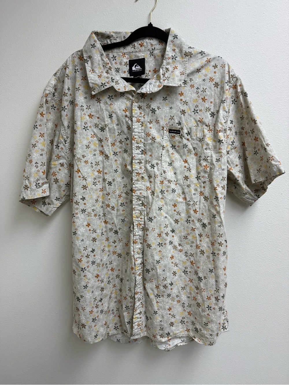 Quiksilver White Short-Sleeve Button-Down with Green & Brown Floral Print